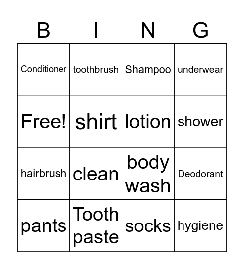 Personal Hygiene Bingo Card