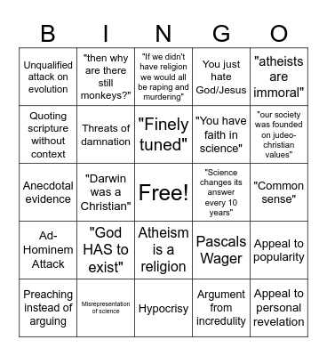 Shitty Theist Bingo Card