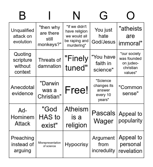 Shitty Theist Bingo Card