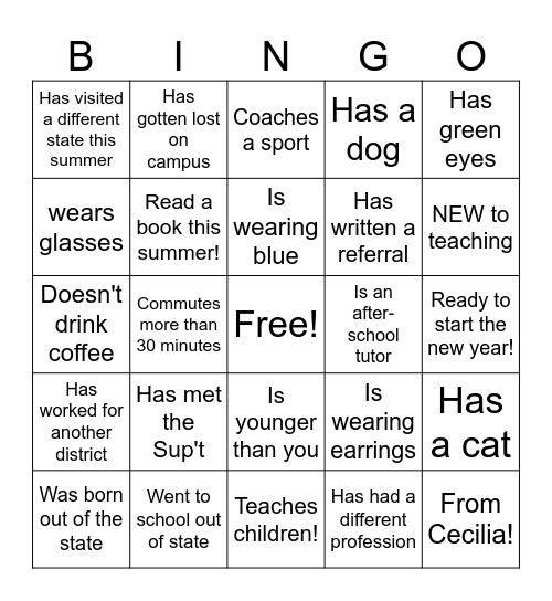 New Teacher Bingo Card