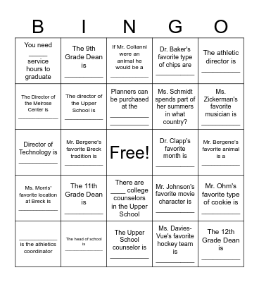 New-to-Breck BINGO Card