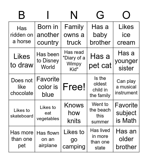 Classmate Bingo Card