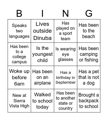 First Week of School Bingo Card