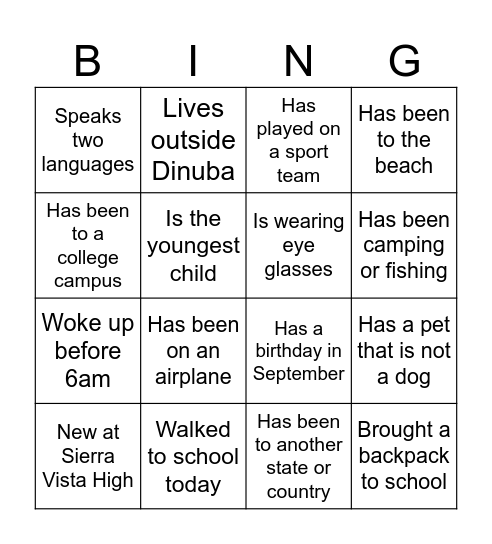 First Week of School Bingo Card