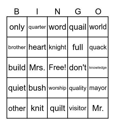 Sight Words Bingo Card