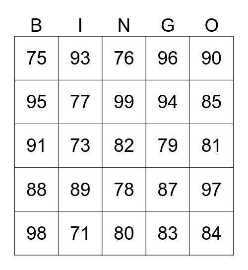 Decuple (80, 90, 100) Minus Bingo Card