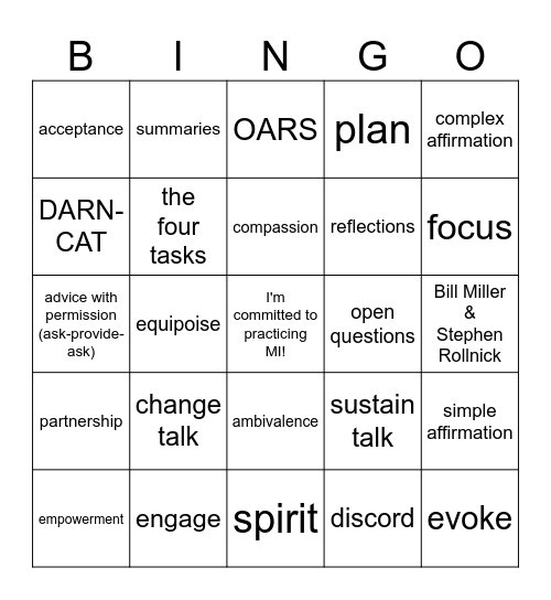 Motivational Interviewing Bingo Card