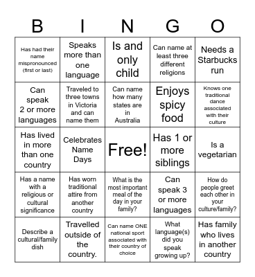 Cultural Diversity Bingo Card