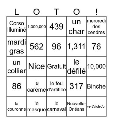 Les chiffres et mardi gras Bingo Card