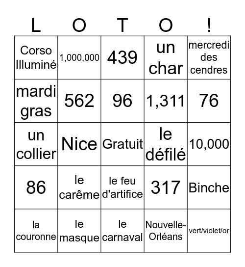 Les chiffres et mardi gras Bingo Card