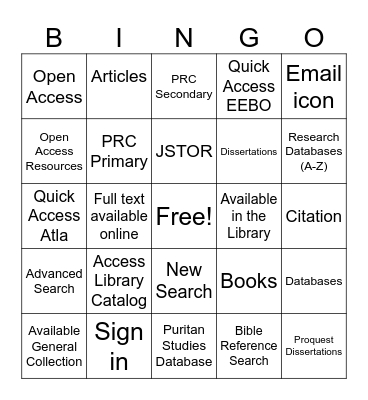 William Perkins Library Bingo Card