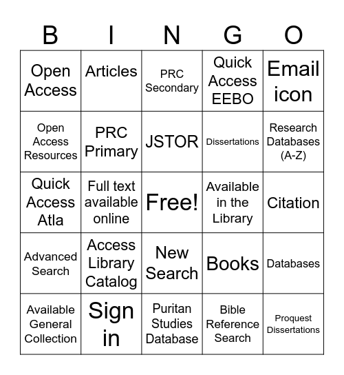 William Perkins Library Bingo Card