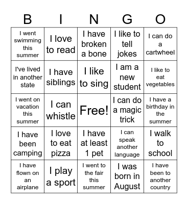 Getting to know you Bingo Card