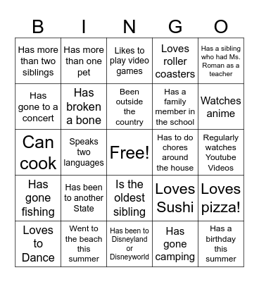 Get to know the class Bingo Card