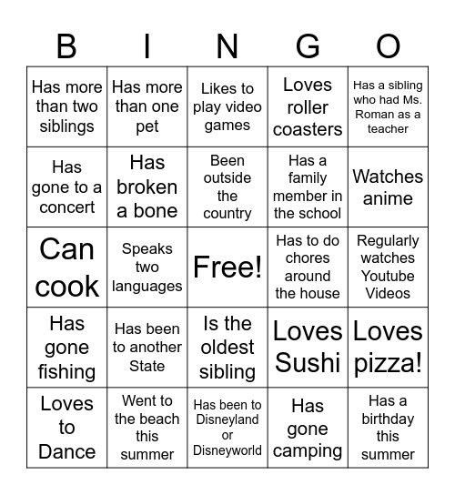 Get to know the class Bingo Card