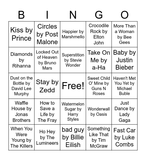 A Mix of Everything Music Bingo Card