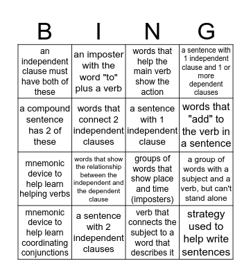 Sentence Writing Strategy Bingo Card