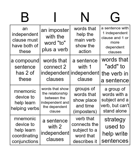 Sentence Writing Strategy Bingo Card