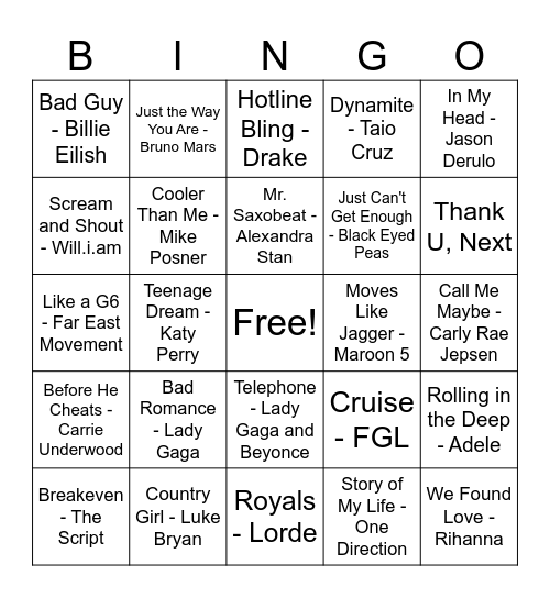 2010's Music Bingo Card