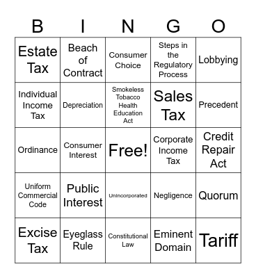 CAFF 226 - Consumer Life Skills Kreysa Bingo Card