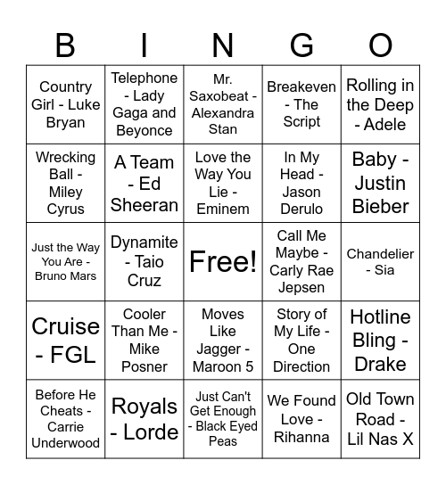 2010's Music Bingo Card