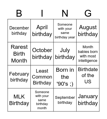 Happy Unbirthday BINGO Card