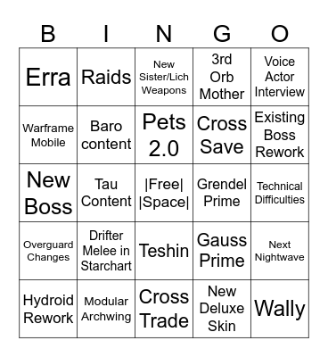 Tennocon 2023 Bingo Card