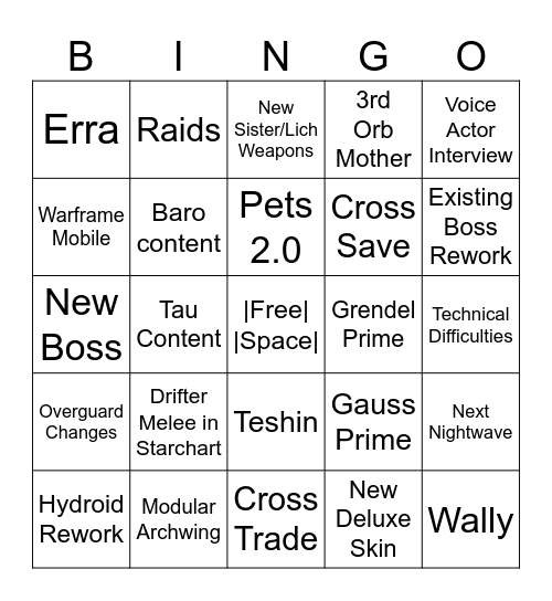Tennocon 2023 Bingo Card