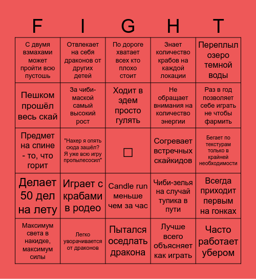 Fighter Bingo Card