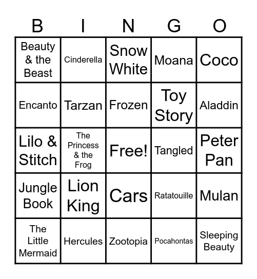 Disney Singo Bingo Card