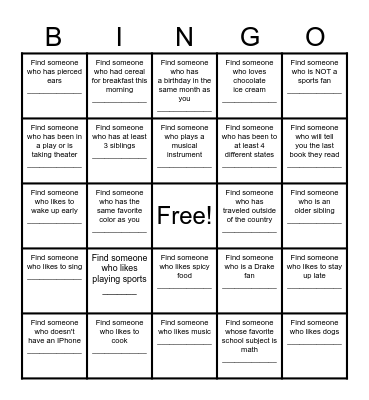 Find a Friend Bingo Card