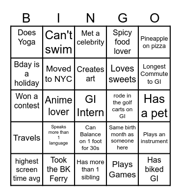GI Intern Bingo Card