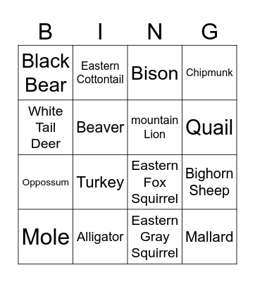 Big and Small Game Animals Bingo Card