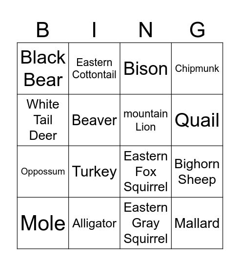 Big and Small Game Animals Bingo Card