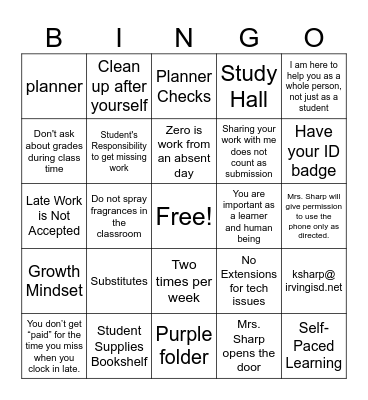 Mrs. Sharp's Expectations Bingo Card