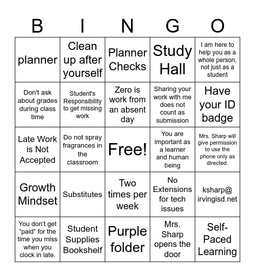 Mrs. Sharp's Expectations Bingo Card