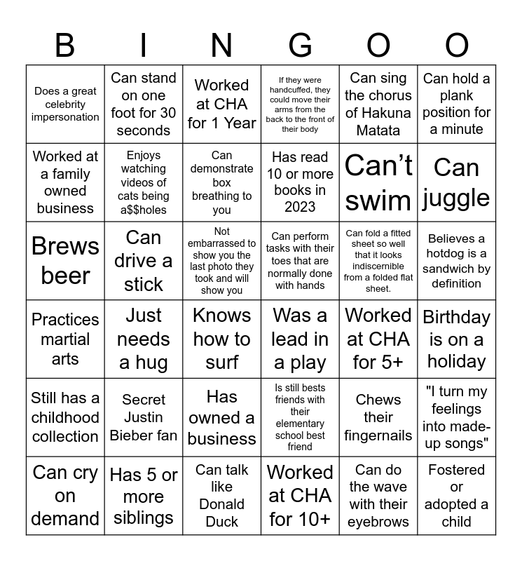 Cha Staff Bingo Card