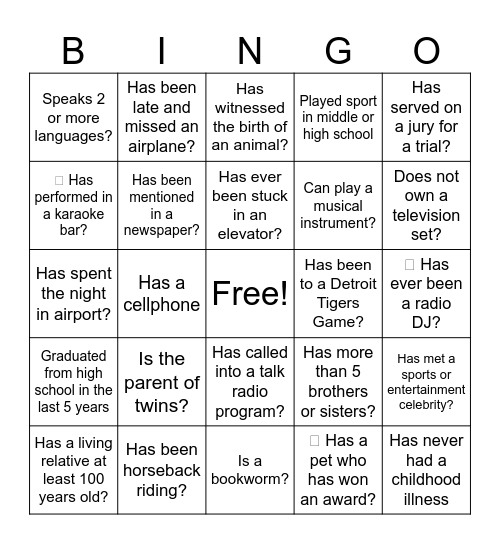 Ice Breaker Bingo Card