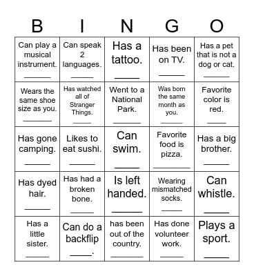 Get To Know Me! Bingo Card