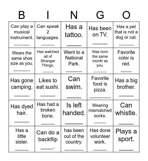 Get To Know Me! Bingo Card