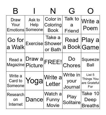 Coping Skills Bingo Card