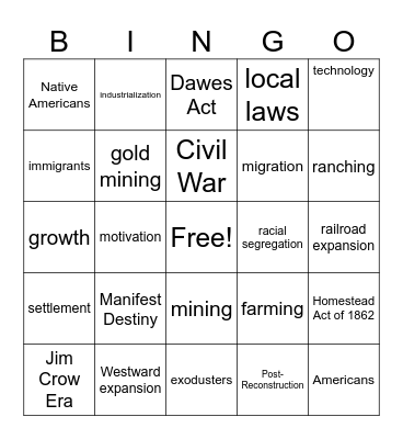 Social Studies BINGO- expansion westward Bingo Card