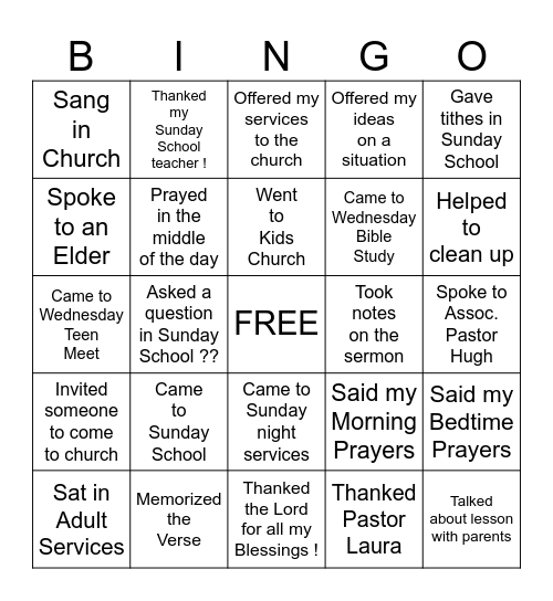 Church Bingo Card