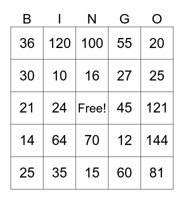 Math Facts Bingo!! Bingo Card