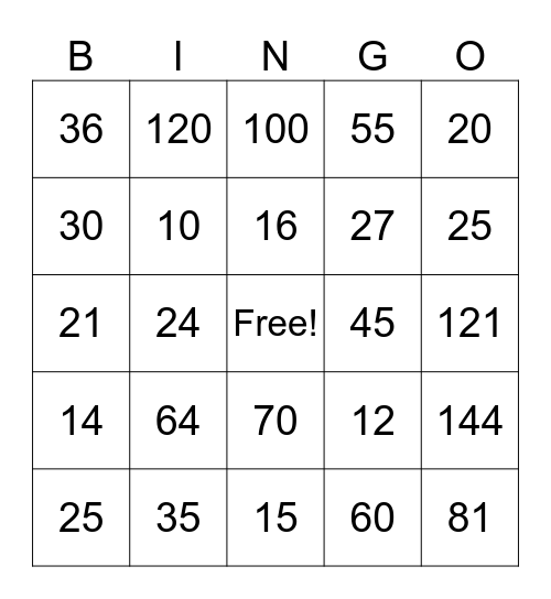 Math Facts Bingo!! Bingo Card