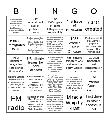 1933 Bingo Card
