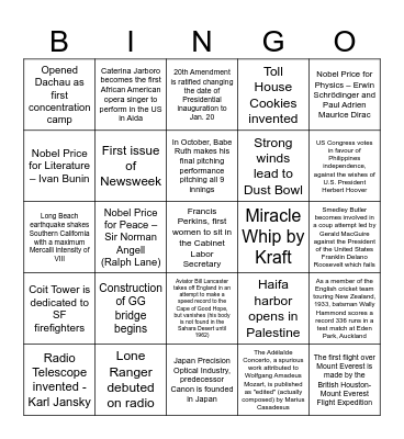 1933 Bingo Card