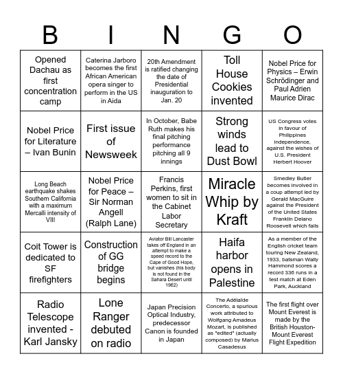 1933 Bingo Card