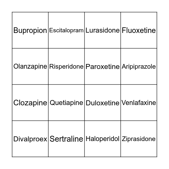 Generic Names Bingo Card