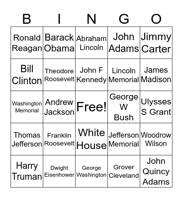 Presidents Bingo Card